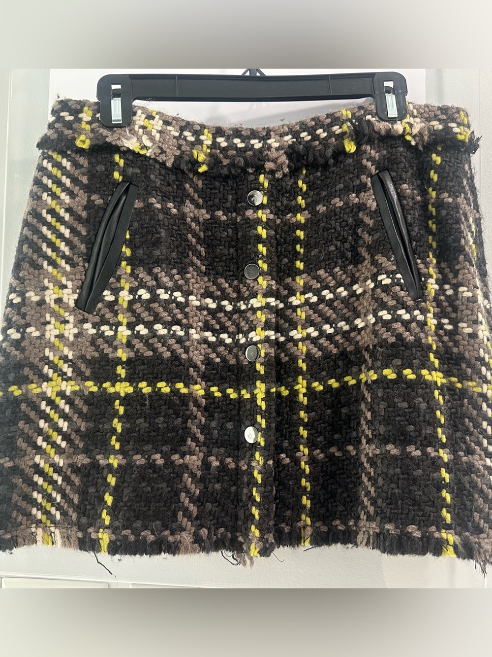 Ramy Brook Black/light brown Bouclé Plaid Skirt w Leather trim. Size 8.